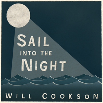a cartoon sea in teal with a circular moon and text reading 'Sail Into The Night'